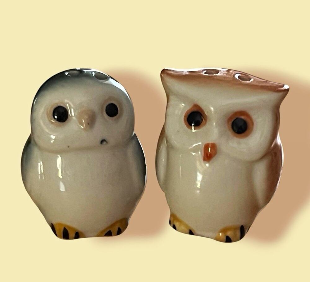 Ceramic Owl Salt & Pepper Shakers Set 2pc White Brown Gray Black